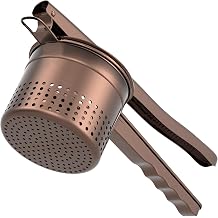 GloTika Large 15oz Potato Ricer Masher, Heavy Duty Stainless Steel Potato Masher with Ergonomic Handle, Masher and Ricer Kitchen Tool for Mashed Potatoes, Noodle Maker, Bronze Color