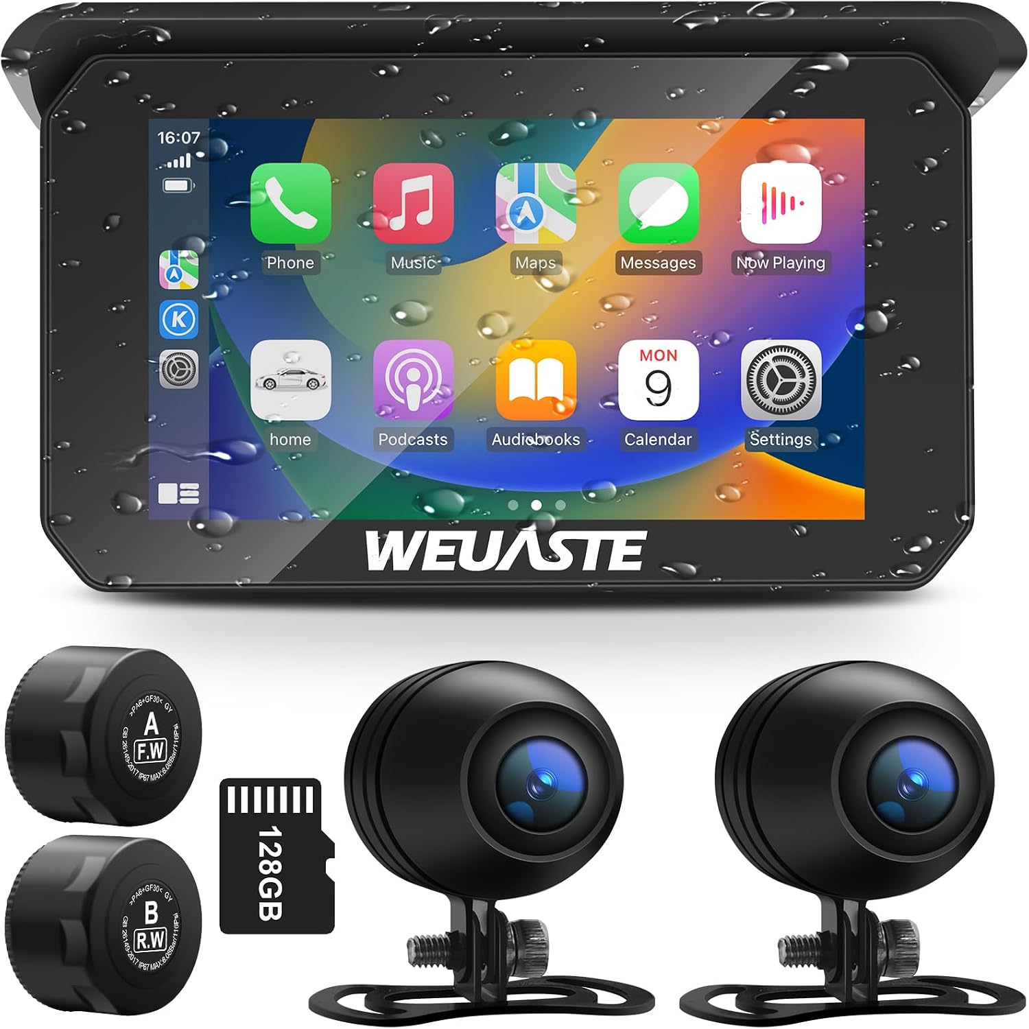 Portable Wireless Apple Carplay for Motorcycle, 1080P Dual Motorcycle Camera IMX307 chip, Motorbike Dash Cam, Motorbike TPMS, 5 IPS Waterproof Touch Screen, 128 GB TF Card, Support Siri