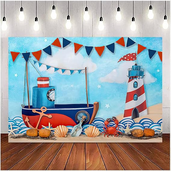 Summer Nautical Holiday Photography Backdrops Summer Beach Sailboat Lighthouse Kids Birthday Background Decor Summer Nautical Theme Party Nautical Boy 1st Birthday Backdrop (5X3FT)