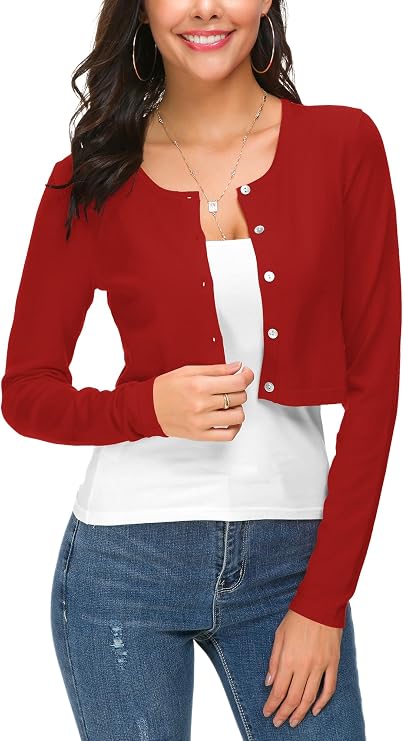 EXCHIC Women's Elegant Long Sleeve Bolero Cardigan with Buttons Round Neck Festive Knitted Shrug Short Cardigan for Dresses
