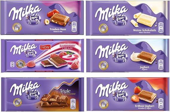 Milka Assorted Chocolates 100g Variety Pack (Raisin & Nut/Raspberry Creme/Triple Caramel/White, 6 Bars)