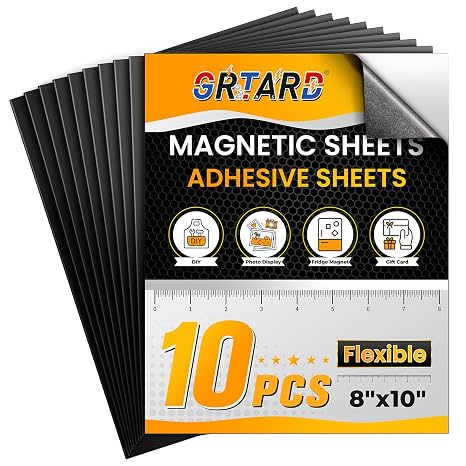 Grtard 8" x 10" Magnetic Sheets with Adhesive Backing, 10 Pack Flexible Magnet Sheets with Adhesive for Stickers, Strong Cuttable Magnetic Sheet for Crafts, Photos, DIY