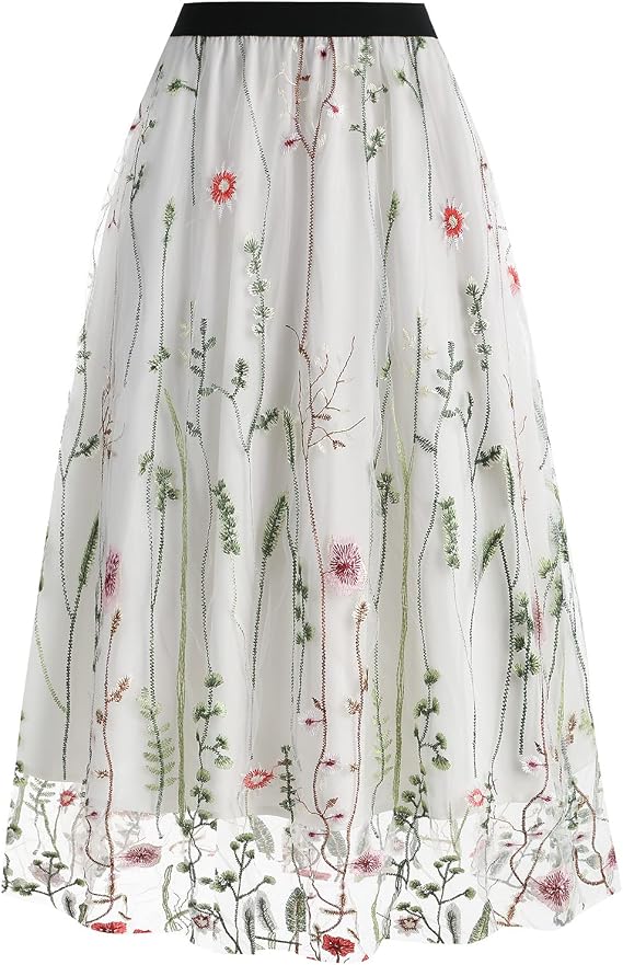 Women Vintage Floral Embroidered Tulle Midi Skirt 50s Party Elastic High Waist A-line Swing Skirts