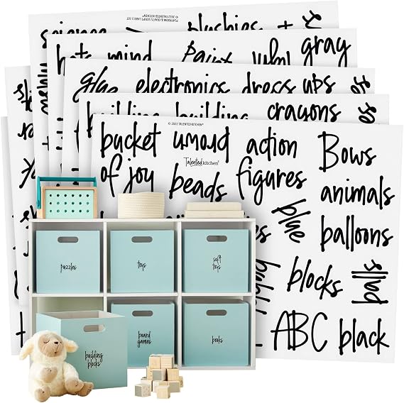 Talented Kitchen Playroom Labels for Toy Bins & Baskets - 147 Water-Resistant Clear Vinyl Toy Storage Labels, Black Script, 1.0-1.5 in - Organization Stickers for Playroom Organization