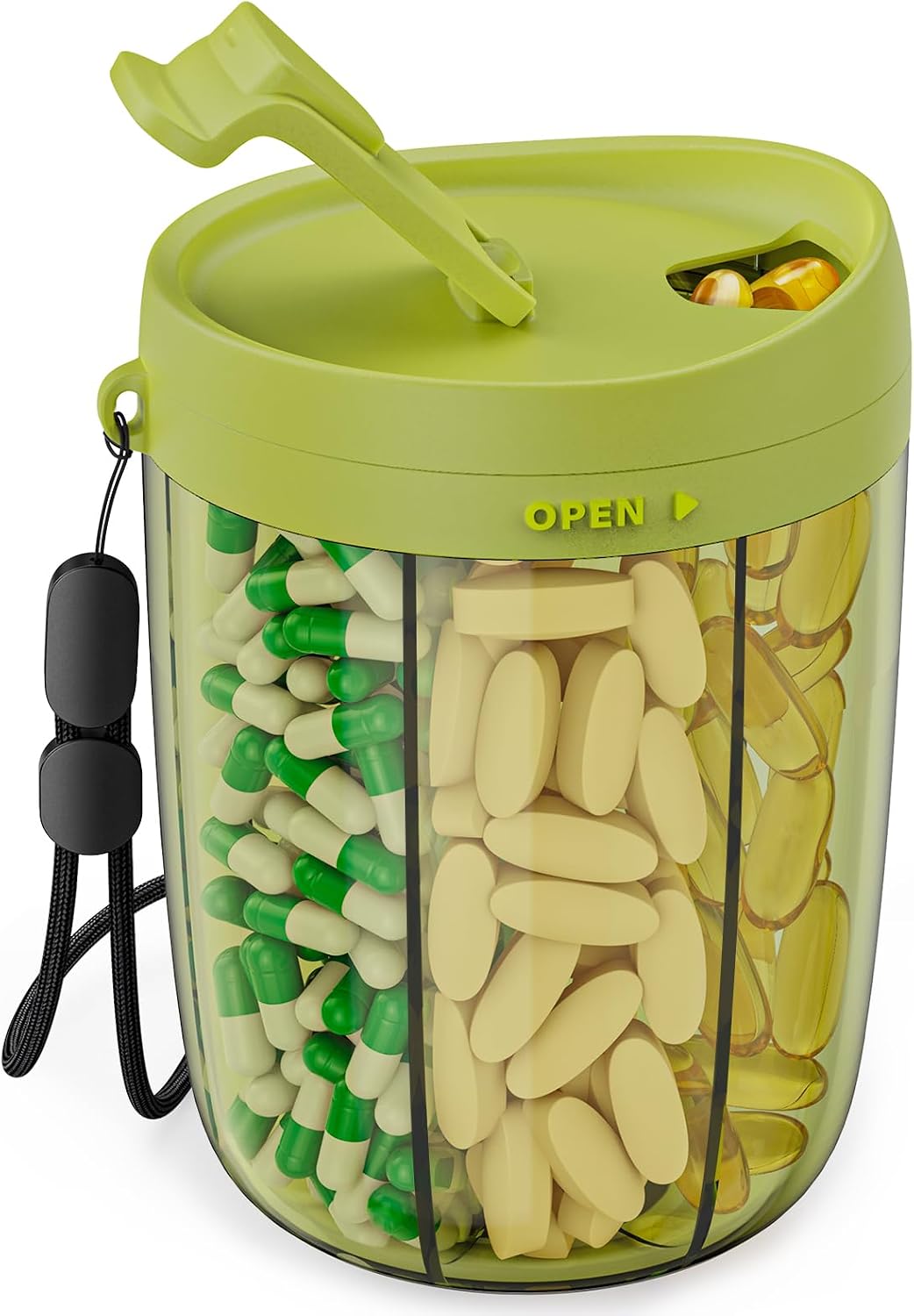PULIV Large Supplement Organizer Bottle, Holds Plenty of 6 Various Vitamins in 1 Pill Dispenser with Anti-Mixing & Wide Openings Design, Easy to Retrieve Meds, Includes 20 Pcs Stick-on Labels Green