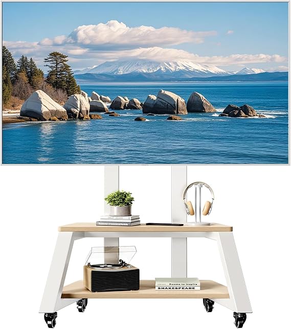 Mobile TV Stand Rolling TV Cart with Wheels for Most 32-86 Inch TV Stand with Double Wooden Shelf, Height Adjustable Heavy-Duty Holds up to 180lbs,Max VESA 600 * 450mm