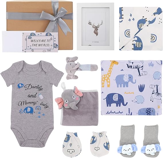 Baby Boy Gifts New Born Gift Basket Baby gift Essential Stuff with Rattle Swaddle Blanket Bib Socks Mittens Frame Bodysuit Elephant Towel