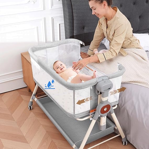 Baby Bassinet,Rocking Bassinet with Waterproof Sheet,3 in 1 Baby Bassinets Bedside Sleeper,6 Height Adjustable Bedside Bassinet for Newborn(Grey) | 3 in 1 Baby Bassinets Bedside Sleeper 6 Height Adjustable Bedside Bassinet for Newborn