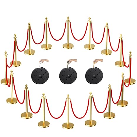 CAMMOO Gold Stanchions and Velvet Ropes, 16pcs Rope & Stainless Steel Posts | Red Velvet Ropes and Posts With Water/Sand/Concrete Fillable Leakproof Base for Birthday, Prom, Business, Wedding, Red Carpet