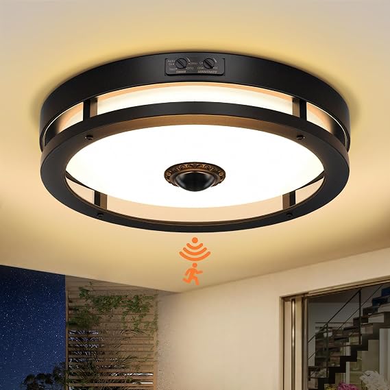 Outdoor Motion Sensor LED Ceiling Light, Dusk to Dawn, 12"