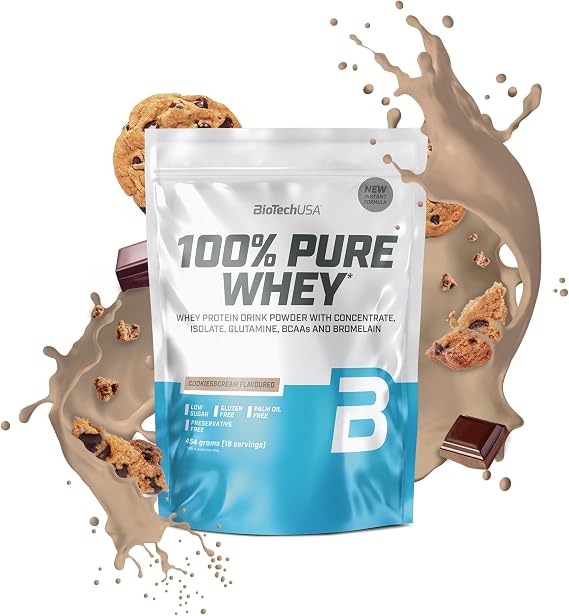 BioTechUSA 100% Pure Whey | Protein Powder with BCAA and Glutamine | Gluten-Free, Palm Oil Free | 21g Protein per Serving, 454 g, Cookies & Cream