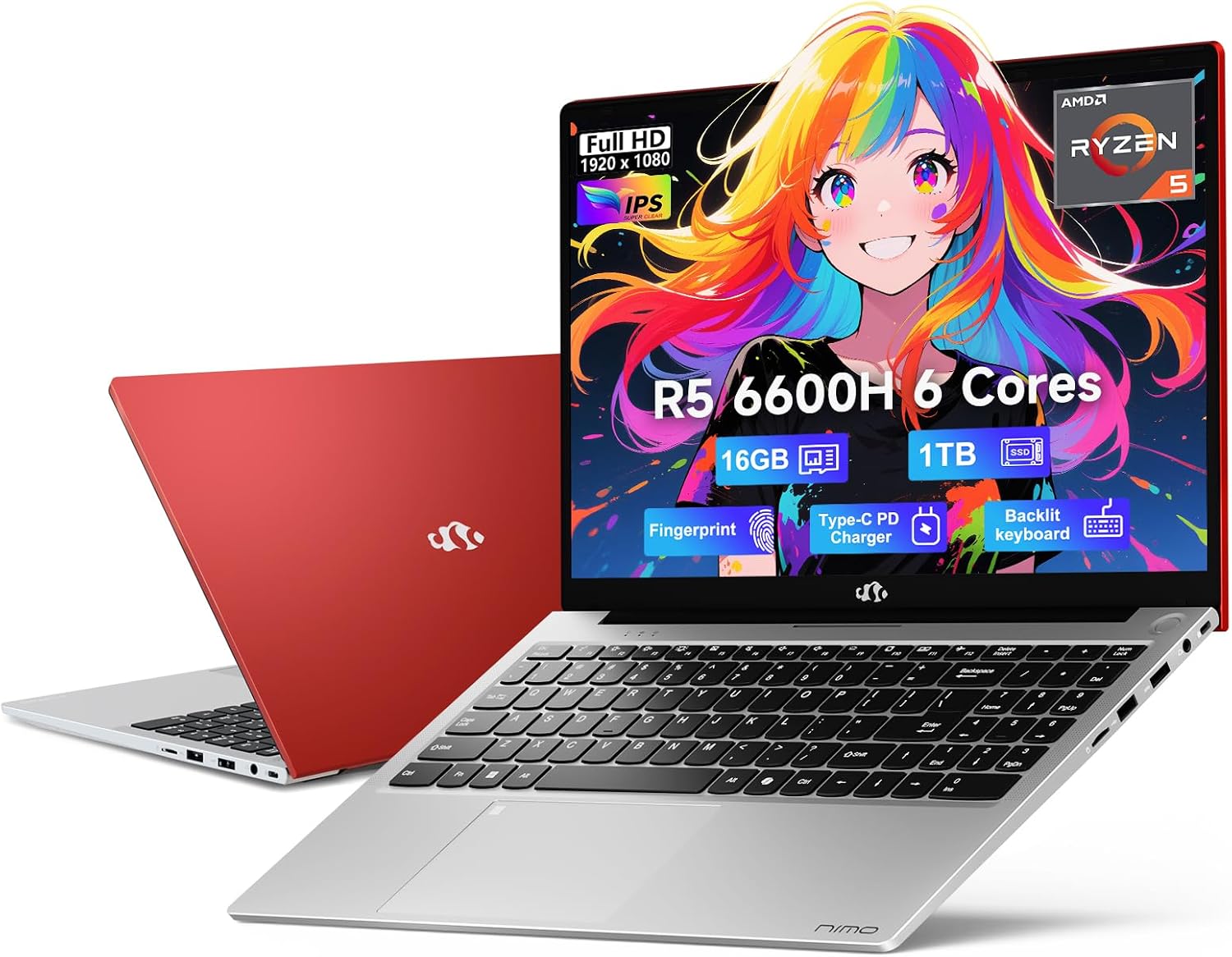 NIMO 15.6 FHD-Business-Gaming-Laptop, 6-Cores 660M GPU, AMD Ryzen 5 6600H 16GB DDR5 1TB SSD Beat i7-1165G7, Up to 4.5GHz IPS Laptop Computer with 100W Type C Fingerprint Backlit Keyboard