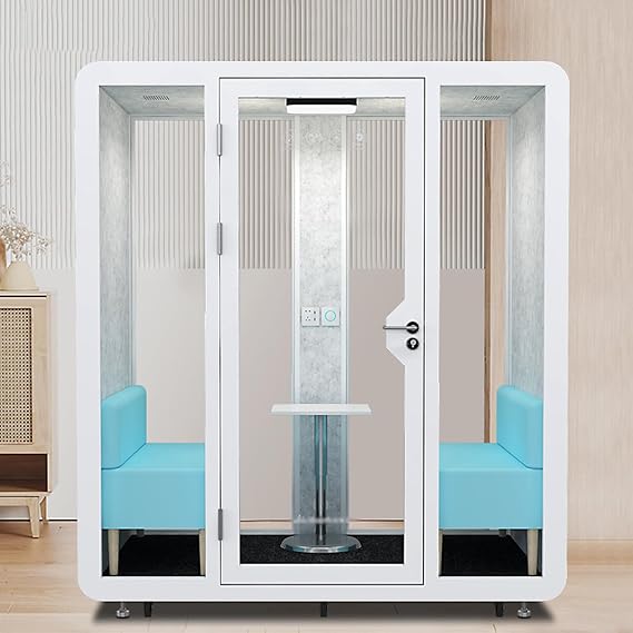 Mobile Office Pod Booth, Sound Proof Office Booth Pod with Mobile Roller, LED Light, Fans & USB Ports, Larger Space for 2-4 People, for Office, Outdoor, Library,79 * 71in