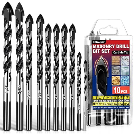 DCWecher 10-PCS Masonry Concrete Drill Bit Set, Heavy-Duty Masonry Drill Bits for Concrete, Brick, Tile, Cement, Carbide Tip (1/8" to 1/2")