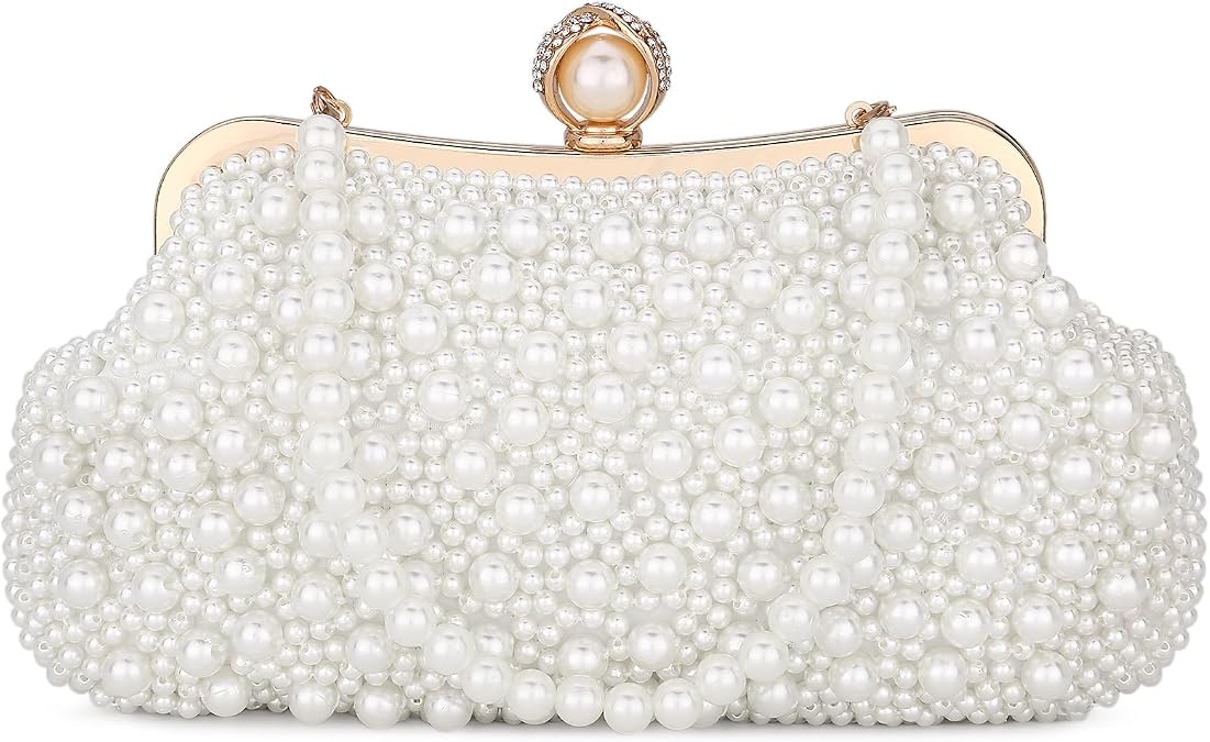 UBORSE Women Pearl Clutch Bag Noble Crystal Beaded Evening Bag Wedding Clutch with Pearl Chain