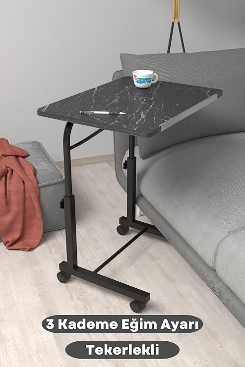 Depolife Eğim Yükseklik Ayarlı Laptop Sehpası Kahvaltı Ders Çalışma Bilgisayar Masası Metal Ayak Tekerlekli, tekerlekli-eğimli-siyahmermer-siyah