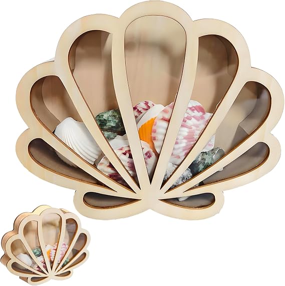 Wooden Seashell Display Case with Acrylic Transparent Panel – Sea Shell Storage Box, Coastal Decor Keepsake Holder for Collectors, Ocean & Beach Gifts
