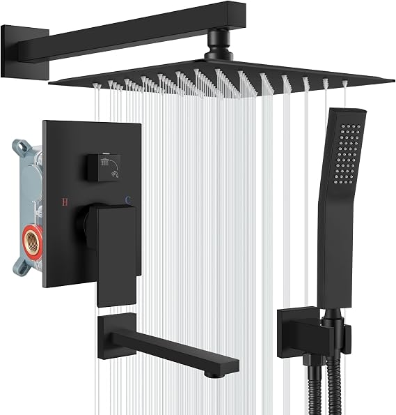 gotonovo Bathtub Shower Faucet Set, 12 Inch Shower Head, Matte Black