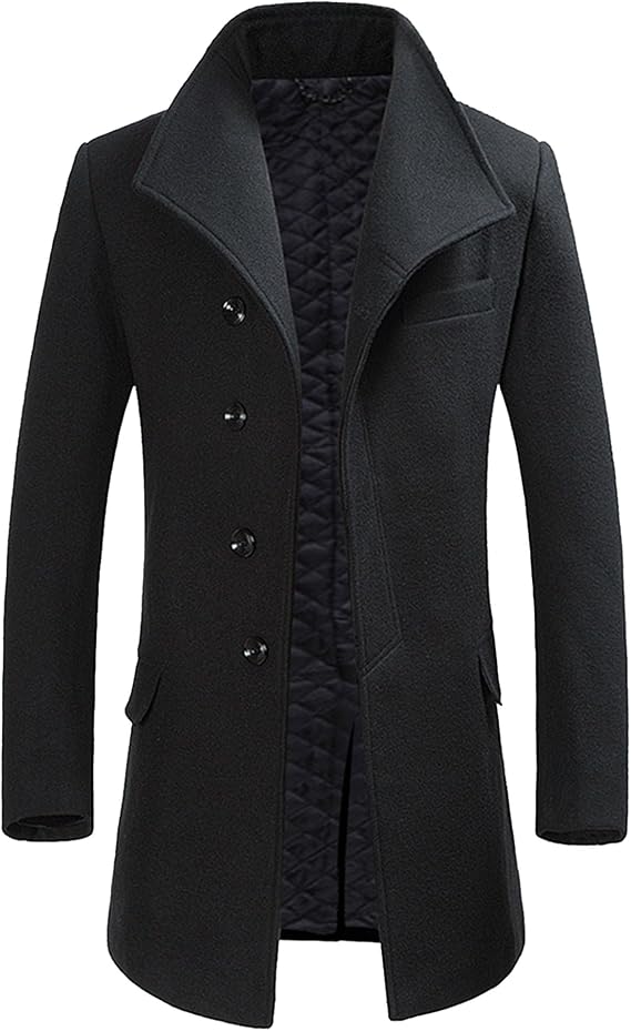 Men's Winter Slim Fit Business Top Coat Classic Woollen Single Breasted Overcoat Wide Lapel Trench Walker Coats (Black 2,Medium)