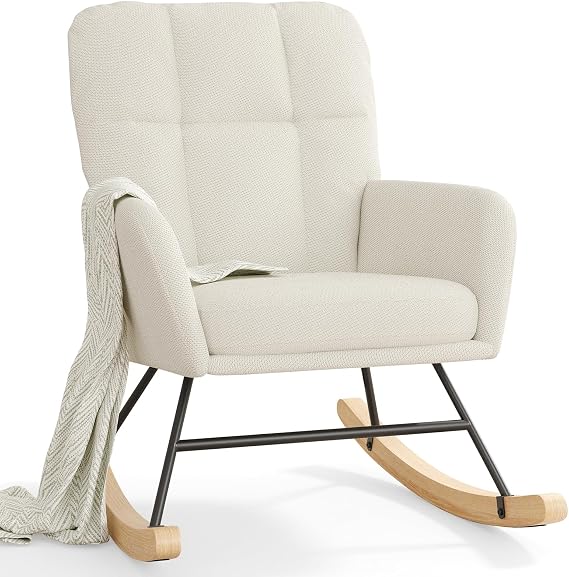 Nursery Rocking Chair Upholstered, High Backrest Glider Rocker Accent Chair with Padded Removable Cushion Comfy Nursing Chair for Living Room Bedroom Office, Beige