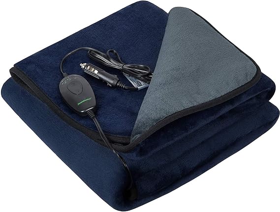 Machine Washable Electric Heated Blanket,12Volt Car Travel Blanket with Hi/M/Lo Heating 30/45/60 mins Auto-Off Timer,Warm for Truck/SUV/Van Driving(55.1"x39.4")(Navy Blue and Grey)