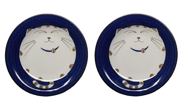JapanBargain 2560, Set of 2 Japanese Round Porcelain Appetizer Plate for Dessert Cake Snack Maneki Neko Smiling Lucky Cat Pattern for Cat Lovers, Made in Japan, 6.5-inch, Blue Color
