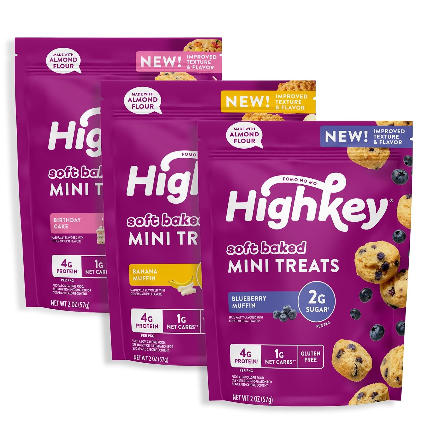 HighKey Low Sugar Muffins Variety Pack - 2oz Low Carb Mini Muffins 3-Pack Blueberry, Banana, Birthday Cake, Gluten Free Snack with Oat Fiber, Healthy Sweet Breakfast or Dessert