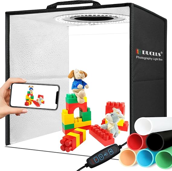 DUCLUS Photo Studio Light Box, 12"x12" Professional Photo Booth Box with 6 Photo Backdrop, 112 LED Lights Dimmable & high CRI>95 Lightbox for Mini Product Photography: Jewelry, Miniature Models etc.