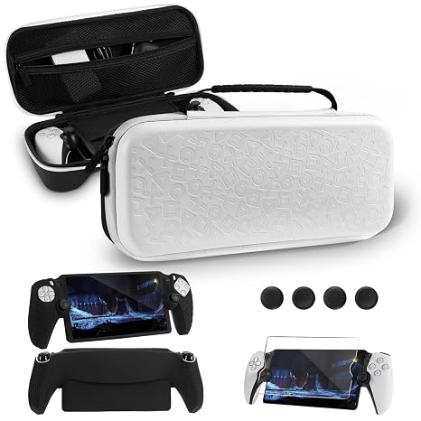 FUNLAB Accessories Bundle for PS Portal Case Compatible with Playstation Portal, Slim Carrying Case for Ps5 Portal with Silicone Protective Cover, Tempered Glass Screen Protector, 4 Thumb Grips - White