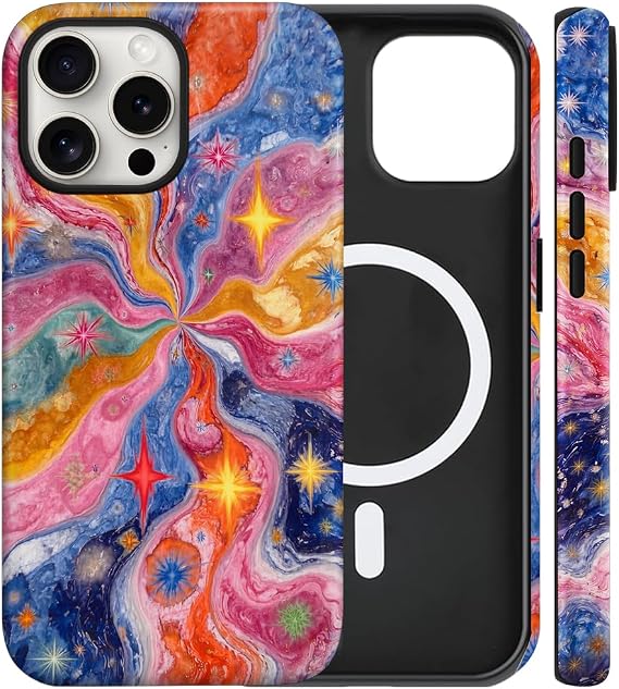 iPhone 14 Pro Max用磁気ケース かわいいサイケデリックスターバーストフォンケース、カラフルな宇宙の渦巻き耐衝撃スリムTPUとハードPC保護電話カバー MagSafeギフト対応 女性用