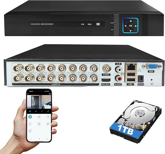 16 Channel Security DVR Recorder With 1TB HDD, 6-In-1 CCTV Recorder With Hard Drive, Supports 16ch Analog Cameras for Camera Home Surveillance System, for Analog AHD, TVI, CVI, CVBS, XVI, IPC 5MP