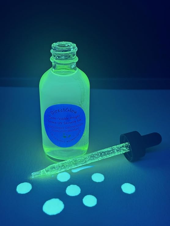 DirectGlow 1 Ounce Semi Visible Luminescent UV Blacklight Reactive Marking Security Ink with Dropper (Green)