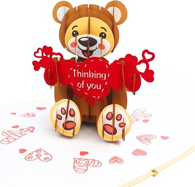 CUTE POPUP Adorable Teddy Bear Thinking of you 3D Pop Up Birthday Card, Surprising Present, Thoughtful Keepsake for Couple, Wife and Friends