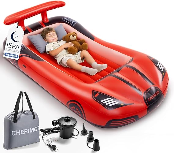 CHERIMOR Inflatable Toddler Travel Bed with 4 Safety Bumpers & Auto Pump | 2-Minute Fast Inflation & Easy Setup, 330 lbs, Carry Bag Included, Portable & Easy to Store or Travel Camping and Sleepovers