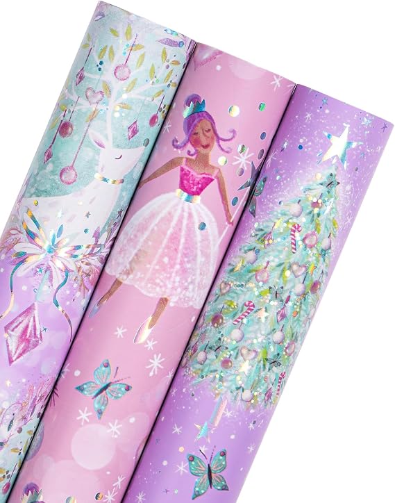 WRAPAHOLIC Christmas Wrapping Paper Roll - Mini Roll - 3 Rolls - 17 Inch x 120 Inch Per Roll - Girls Christmas Wrapping Paper - Pastel Purple Holiday Design with Metallic Foil Shine