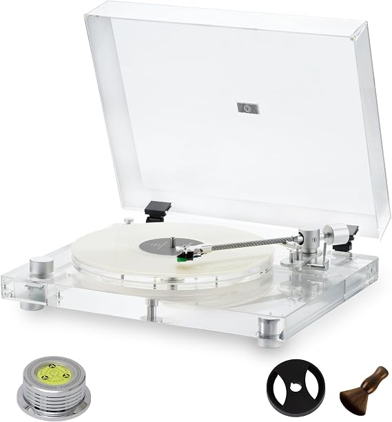 Record Player, Transparent Acrylic Turntable with High-Fidelity Sound, AT-VMN95E Dual Moving Magnet Cartridge, 2-Speed Belt-Drive Vinyl Player for Stylish Home Decor & Gifts