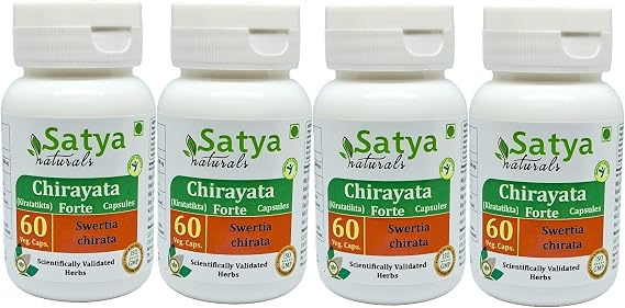 Chirayata Forte Capsules 500 mg. 60 Veg. Capsule | Chirayata (Swertia Chirata) Extract Capsules for Men and Women | Ayurvedic Herbal Supplement/Remedies | 10:1 Forte (4 Bottles of 60 Capsules)