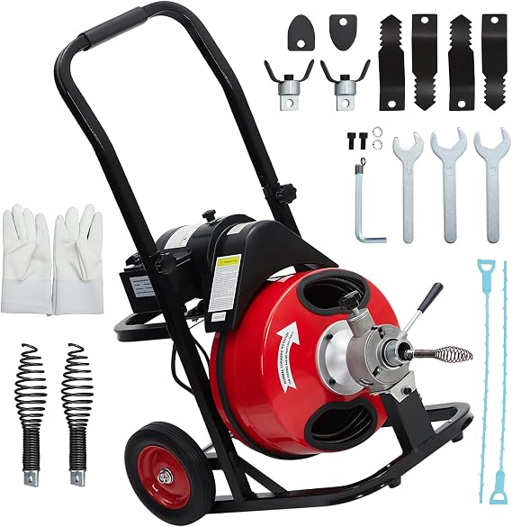 200W Electric Drain Cleaning Machine with 75' x 3/8" Solid Steel Cable, Sewer Snake Auger with 8 Cutters for 1"-4" Pipes, Portable Drain Cleaner for Sink, Toilet & Floor Drains