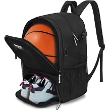 Basketball Backpack, Large Sports Bag with Ball Compartment, Black Polyester, Multiple Pockets, Shoe Storage, Laptop Compatible, 43x36x25 cm