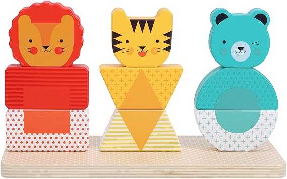 Petit Collage: Wooden Stacking Puzzle, Lion, Tiger, and Bear | Mix and Match Puzzle with 3 Stacks |Includes Guide Cards for Color and Shape Matching | Great for Ages 18 Months +