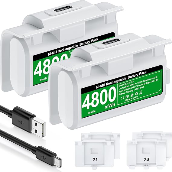 DINOSTRIKE Xbox Battery Pack Rechargeable with 4 Back Covers and a USB C Charging Cable, 2X 4800mWh Xbox Controller Battery Play and Charger kit for Xbox One and Xbox Series X/S-White