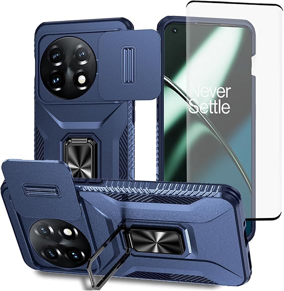 Case for OnePlus 11 Case, One Plus 11 5G PHB110 Case with Tempered Glass Screen Protector and Slide Camera Cover, Rotated Ring Car Mount Holder Shockproof Cover for OnePlus 11 5G Blue