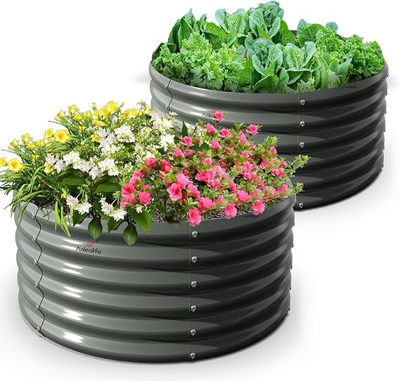 Anleolife 2-Pack 4ft x 18in Round Raised Garden Beds, Quartz Grey | Two Complete 4ft Circular Beds Create Separate Herb, Flower or Vegetable Zones; Each Bed Stands 18in High