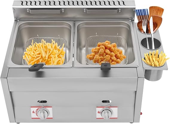 6L Commercial Gas Deep Fryer, Stainless Steel Dual Tank Gas Deep Fryer, Kitchen Frying Machine Countertop Gas Fryer with 2 Basket, for Restaurants, Supermarkets, Fast Food Stalls