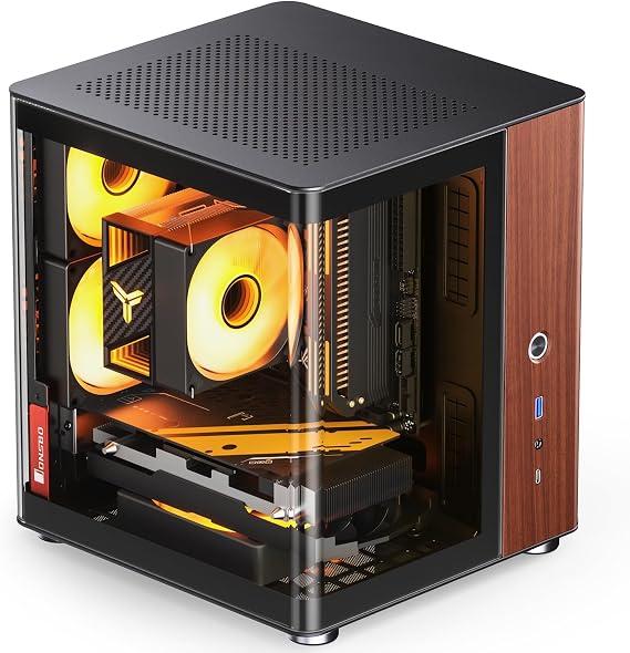 JONSBO TK-0 Black ITX Mini Tower PC Case, Double Curved Glass Desktop Design, Separate Cabinet Structure, Al-Alloy Shell DTX/ITX Walnut Wood Computer Case, Sff Case, Black