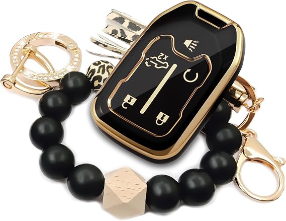 Soft TPU Key Fob Case for 2017-2022 GMC Acadia Terrain Yukon Chevrolet Suburban Tahoe with Key Chain Bracelets Key Holder (Black)
