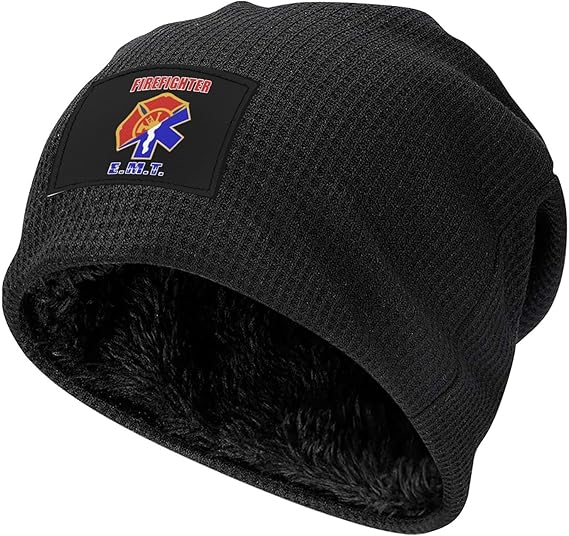 Firefighter EMT Logo Knit Hat Winter Warm Knitted Caps Fleece Lined Beanie Hats for Men Women
