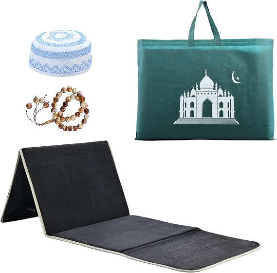 Foldable Muslim Prayer Mat with Back Rest Support, Thick Padded Islamic Prayer Rug, Travel Portable Carpet for Women Men, janamaz, Sajadah, Meditation Prayer Ramadan Eid Gift with Hat and 33 Beads