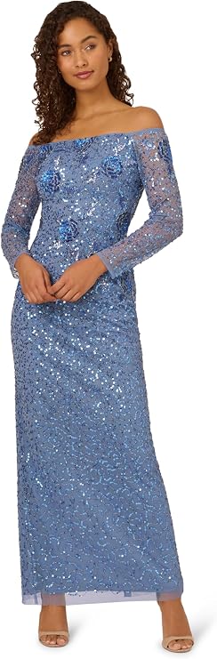 Adrianna Papell Women's Beaded Mesh Long Dress, French Blue, 10