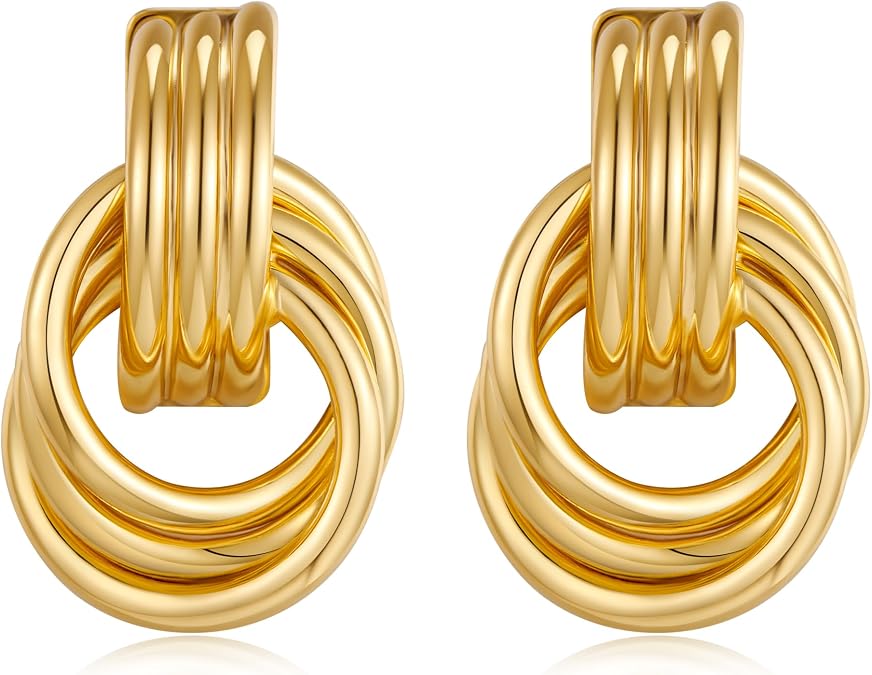 Gold Chunky Earrings for Women Geometric Knot Link Drop Dangle Earrings 14K Gold Plated Statement Earrings Trendy Gold Jewelry